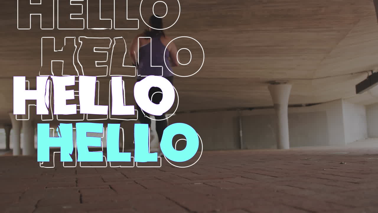 Animaatio 'hello'-tekstistä taustalla hölkkäävän naisen yllä