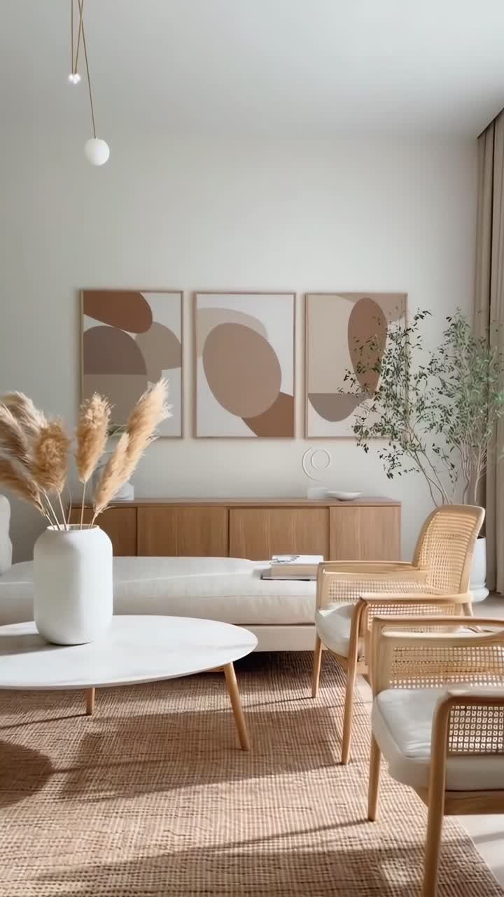 Minimalistický obývací pokoj v neutrálních tónech, natočený širokoúhlým videem, představující moderní dekor.