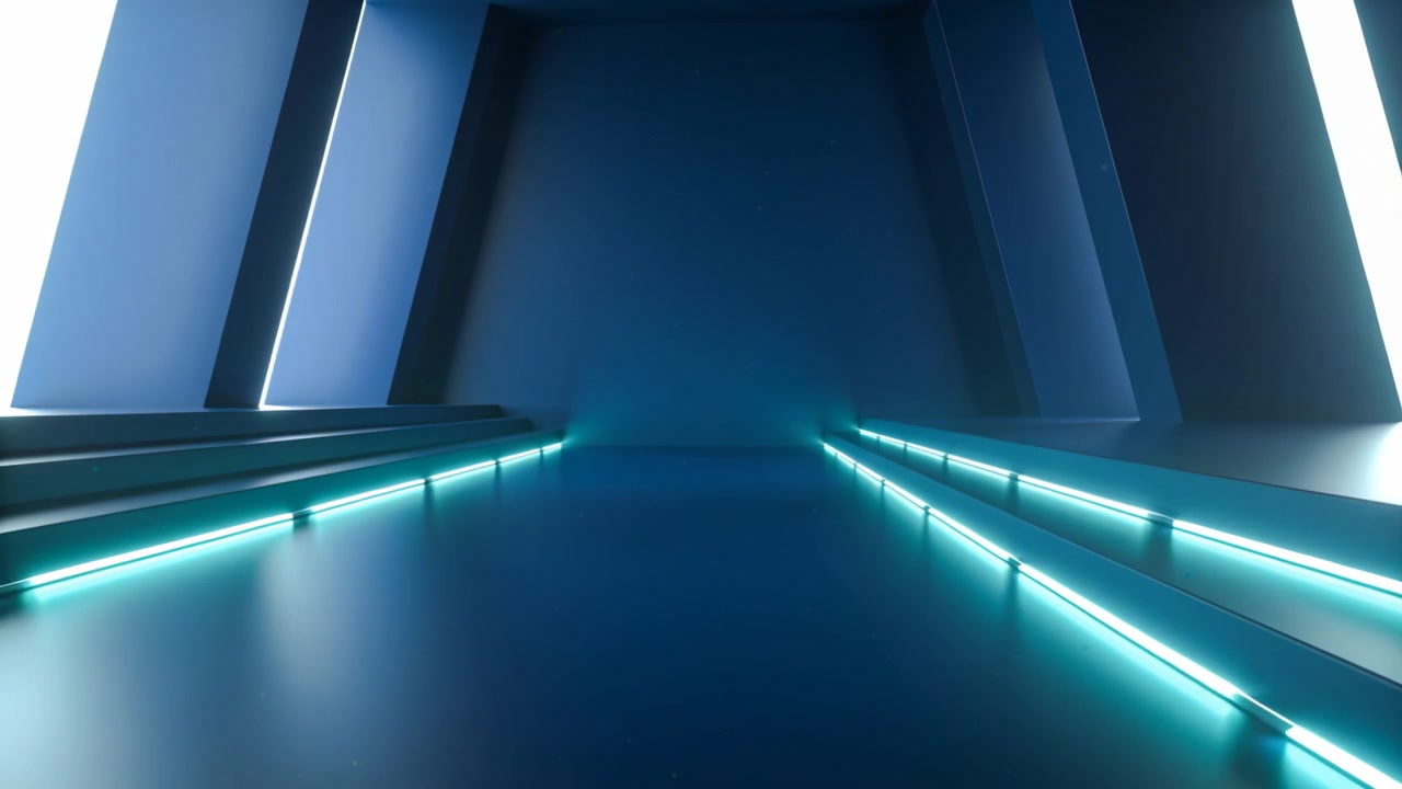 Sequence advancing, lit corridor shifting forward in futuristic hall, showing cyan LED platforms