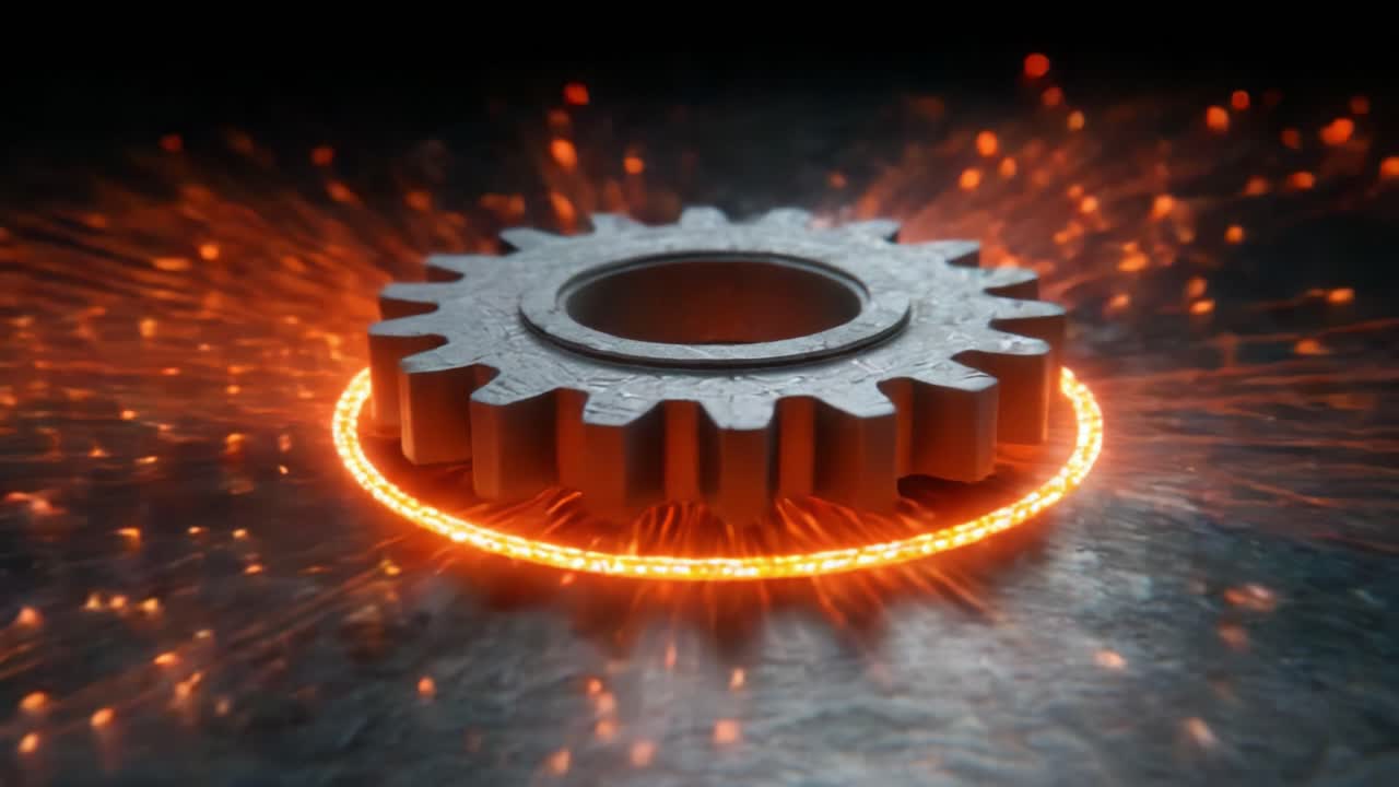 A metallic gear surrounded by a glowing circular light, capturing the essence of industrial machinery and the interplay of light and shadow in a dynamic visual representation