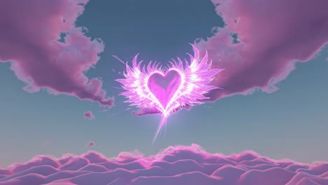 pink glowing heart and feather in the sky