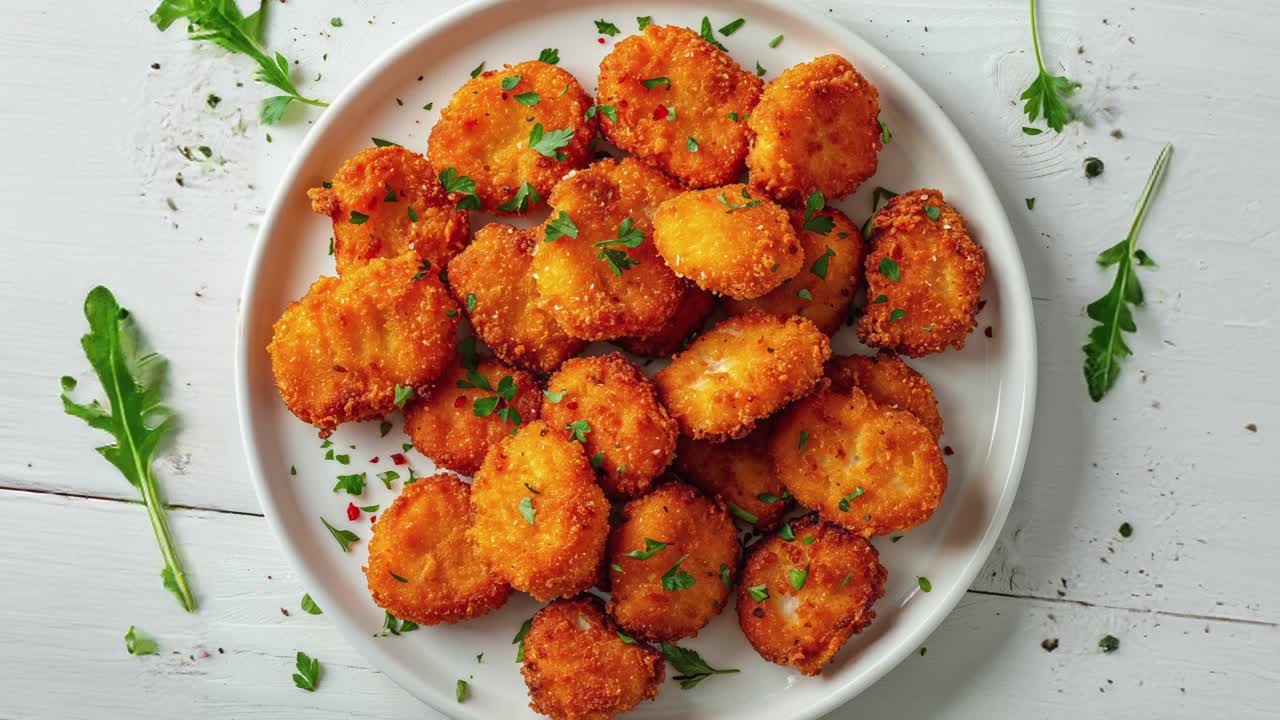 nuggets de pollo caseros y crujientes en un plato blanco