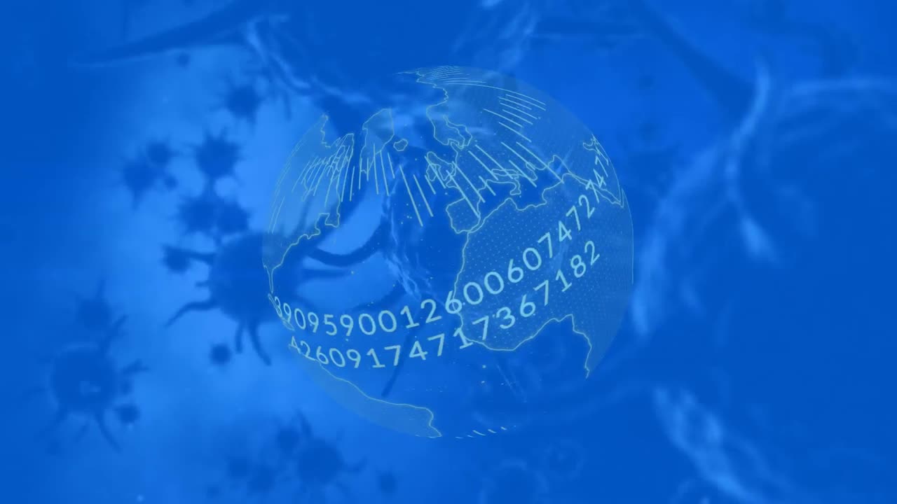 파란색 배경에 떠다니는 여러 코로나19 세포에 대해 회전하는 지구상의 데이터 처리