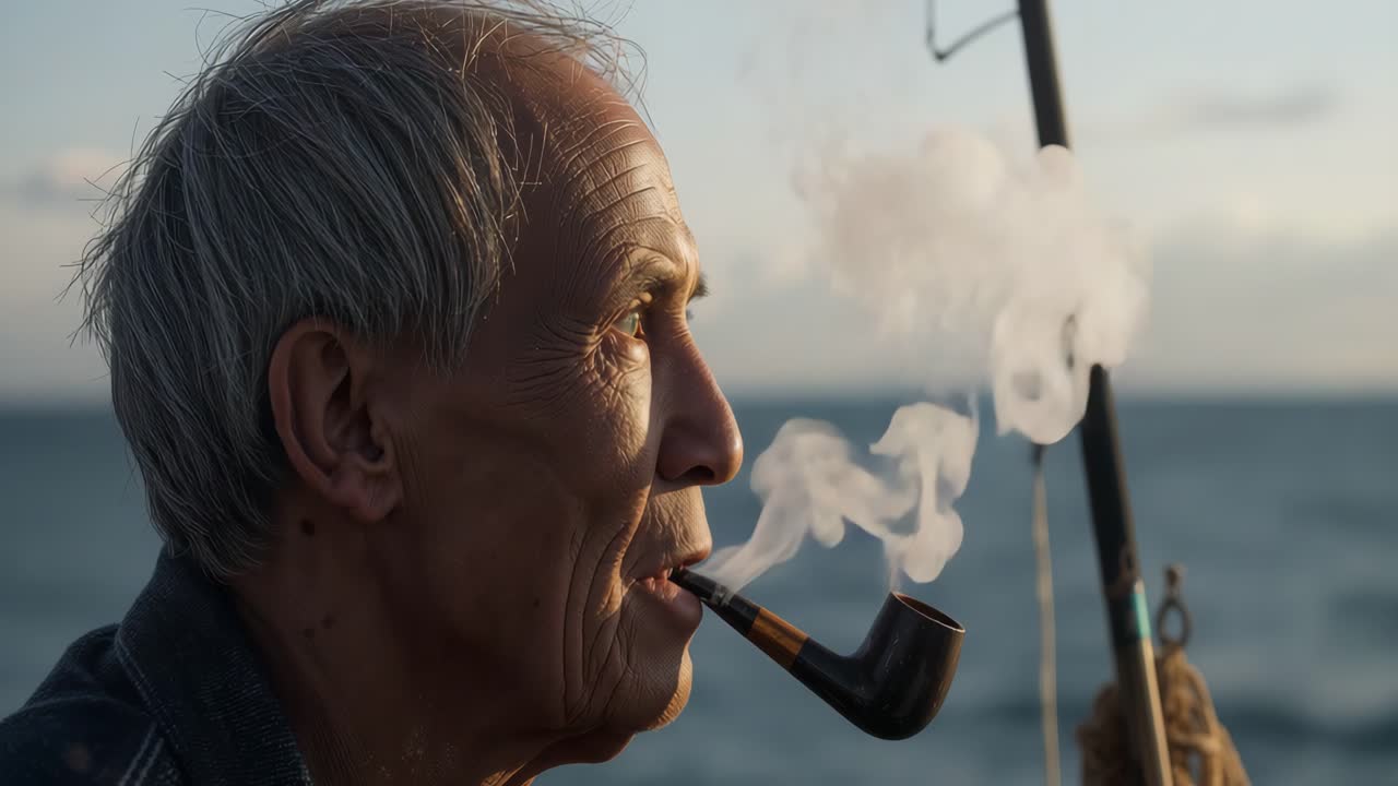 An old fisherman smoking a pipe by the sea