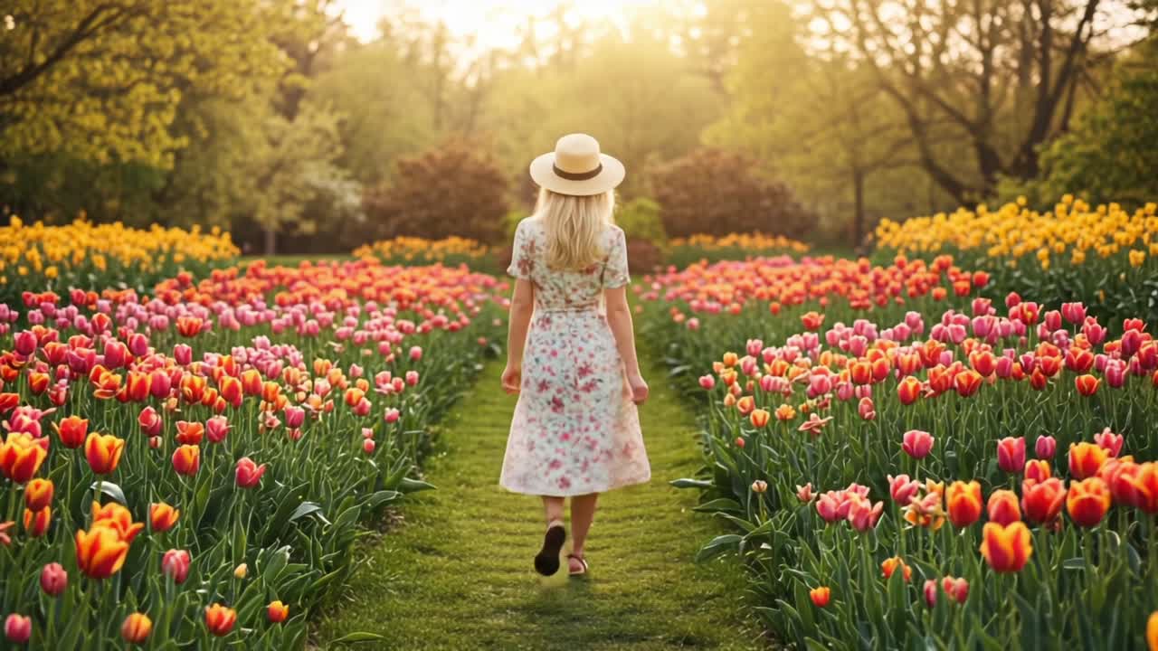 A woman strolls through a vibrant tulip garden, surrounded by a stunning array of colorful blooms, as the golden sunlight sets the scene on a serene day