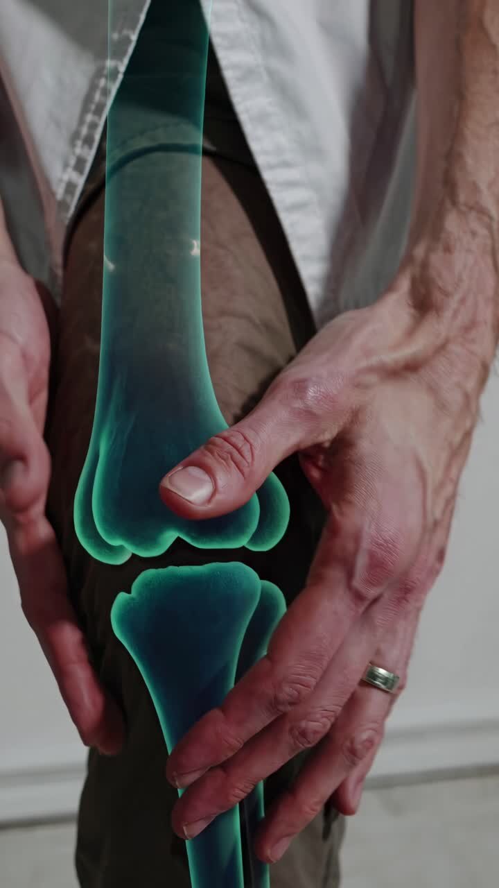 Abstract image of a human leg with a glowing overlay of bones, highlighting the knee joint
