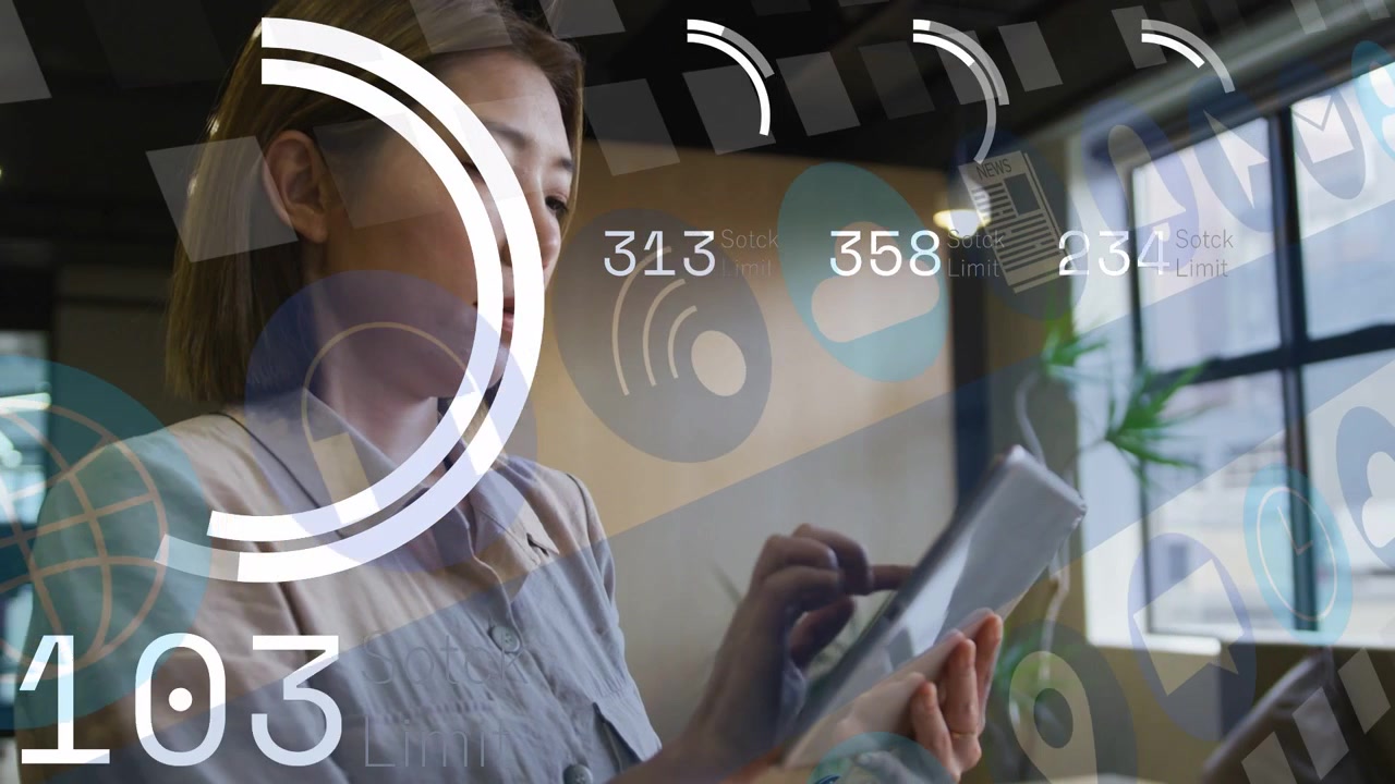 Tablet tap starting overlays, Asian woman tapping, scrolling and analyzing metrics rising, falling