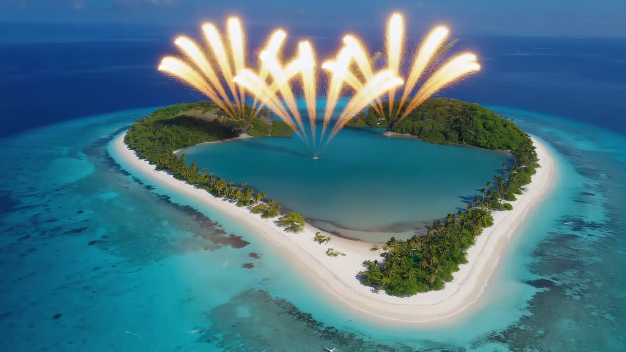 Heart-shaped Tropical Island with Golden Lights