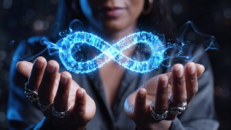 A mesmerizing visual of a person holding a glowing digital infinity symbol between their hands, representing endless possibilities and innovation in technology.