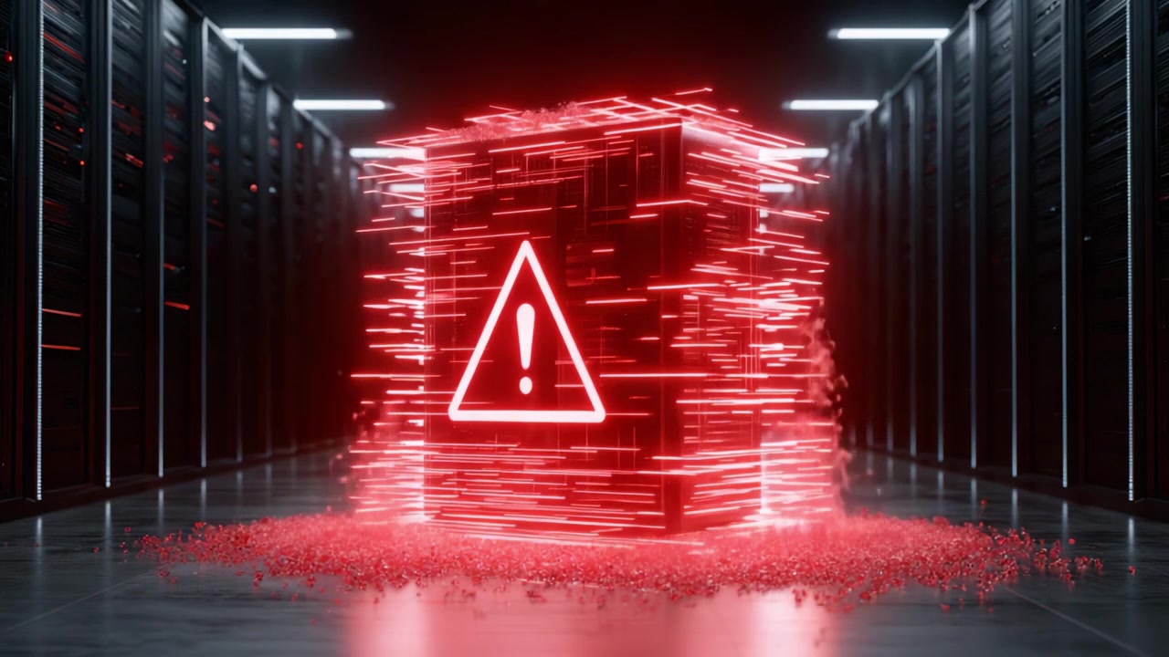 A visually striking depiction of a warning symbol surrounded by dynamic red particles in a high-tech server environment, conveying urgency and alertness in data management.