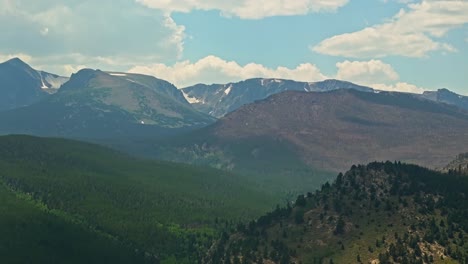 aerial shot of vast mountain range and forested valleys with distant peaks under a partly cloudy sky