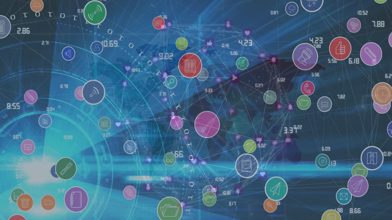 전 세계에 있는 아이콘과 연결된 네트워크의 애니메이션