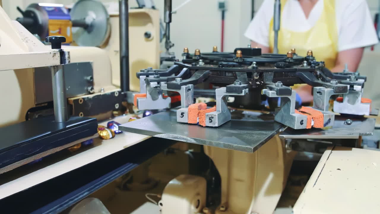 Food production on conveyor in factory machine setting. Packaging conveyor of sweets in plastic packaging.
