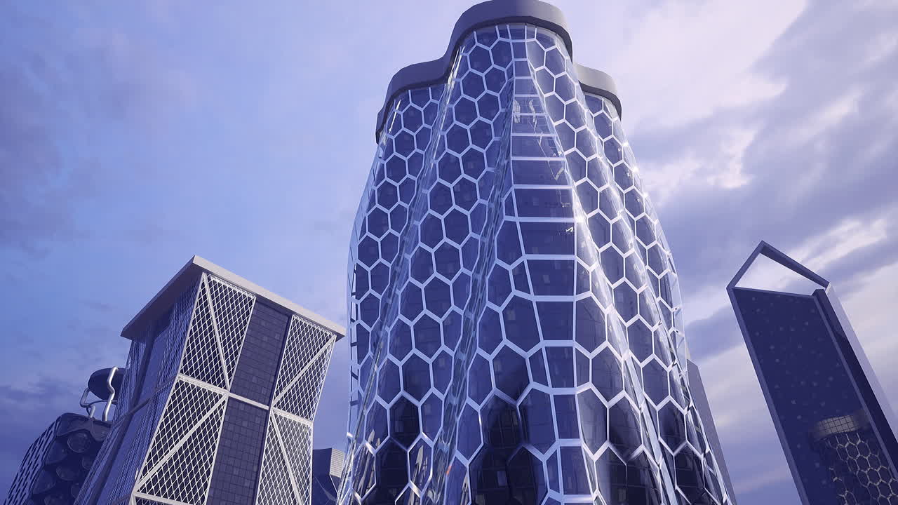 Arquitetura moderna em horizonte urbano com design hexagonal exclusivo
