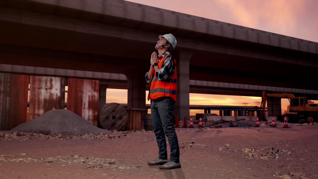Vista laterale completa di un ingegnere asiatico con casco di sicurezza che prega per qualcosa mentre si trova nel sito di costruzione di un'autostrada