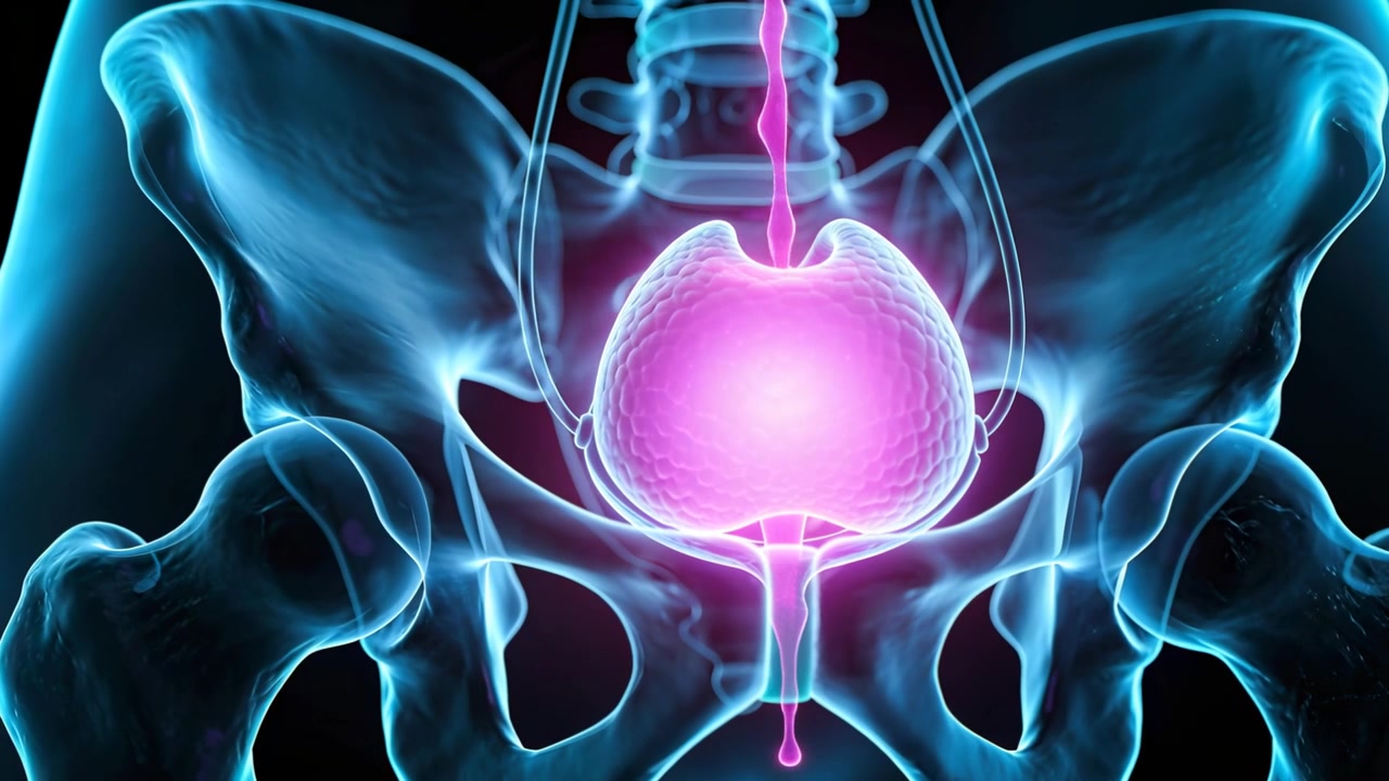 Vescica magenta che si riempie contro le ossa pelviche, ricevendo il flusso dall'uretere e rilasciando tramite l'uretra.