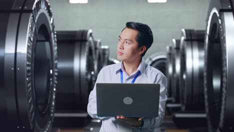 공장 환경에서 노트북을 사용하는 엔지니어