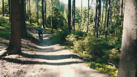 hombre montando una bicicleta de montaña rápido por el sendero - toma de cámara cinematográfica en movimiento