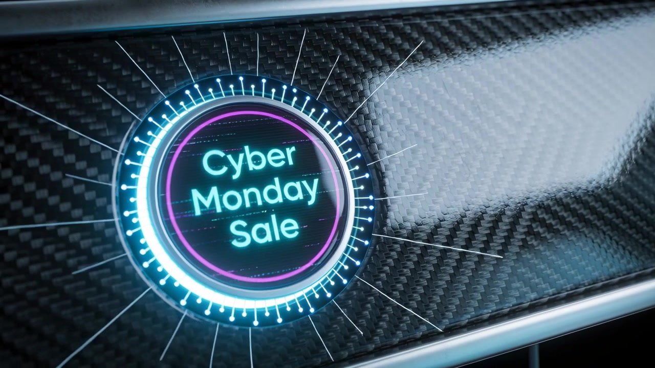 Badge circolare del Cyber Monday Sale che si avvia pulsando con l'anello esterno su un pannello in carbonio per evidenziare la vendita