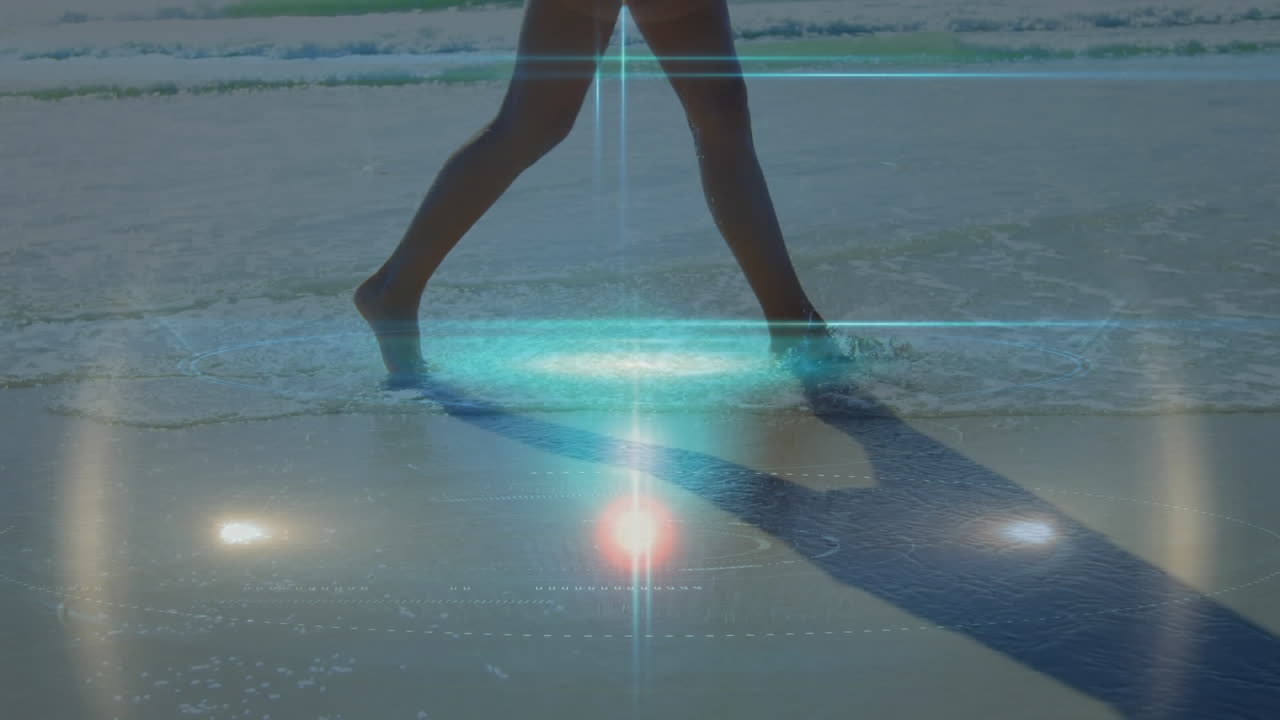 해변에 있는 백인 여성 위에 있는 빛의 반점들의 애니메이션