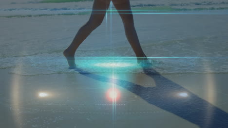animación de puntos de luz sobre mujer caucásica en la playa