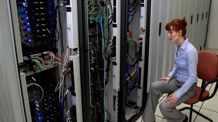 Tecnico che lavora accanto a un server aperto