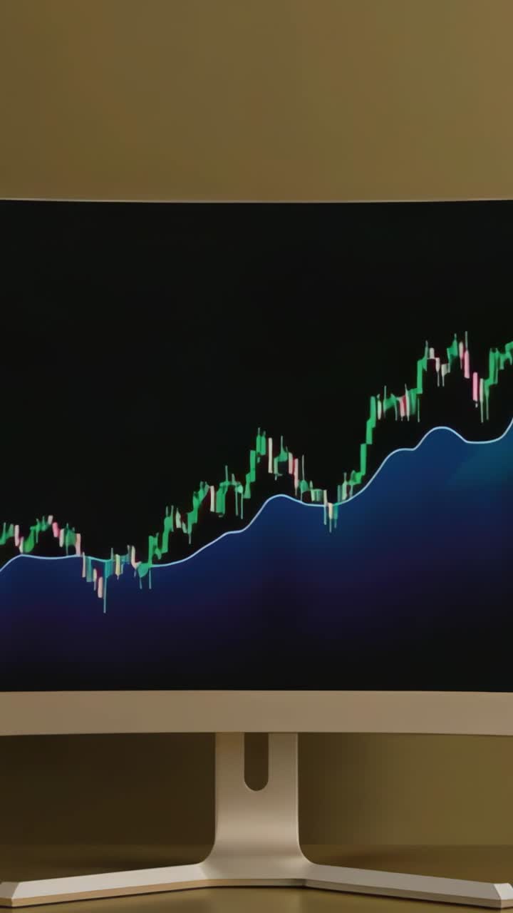 Vertical video: Updating computer monitor showing candlestick chart rising on desk with trend band