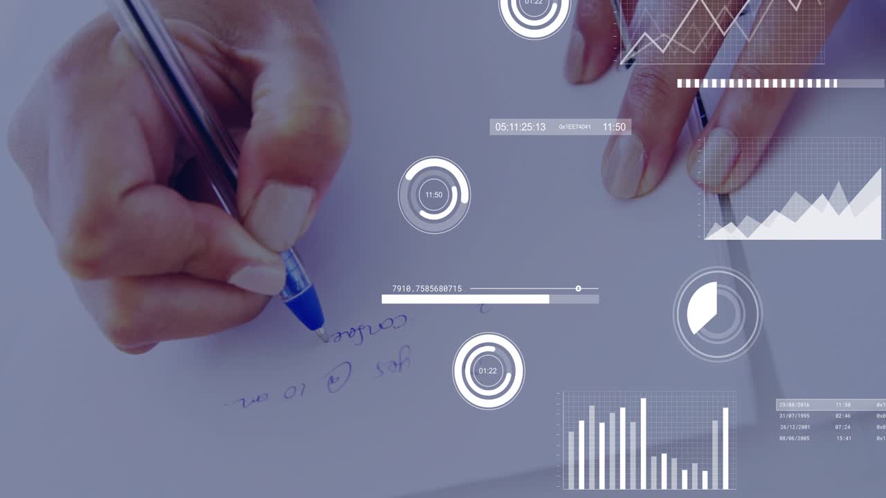 Woman writing after pen touching page, causing HUD charts and sliders growing for data analysis