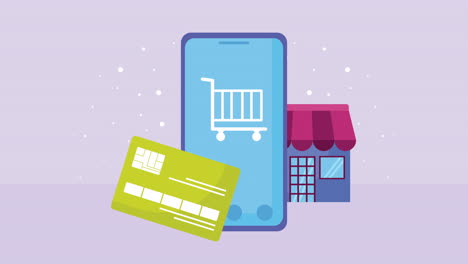 comercio en línea con teléfono inteligente y tienda