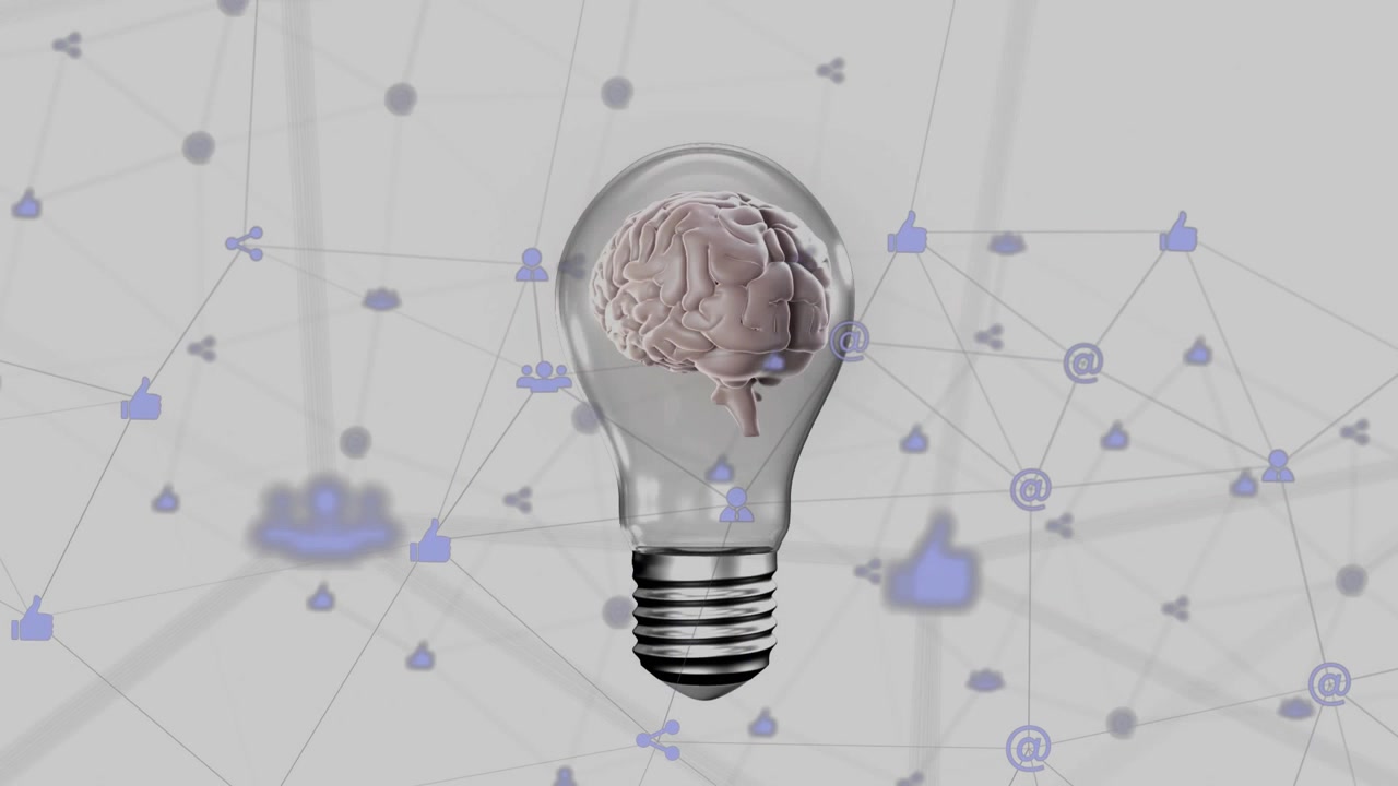 Initial light bulb appearing triggers brain rotating while icons pulse, showing network dynamics