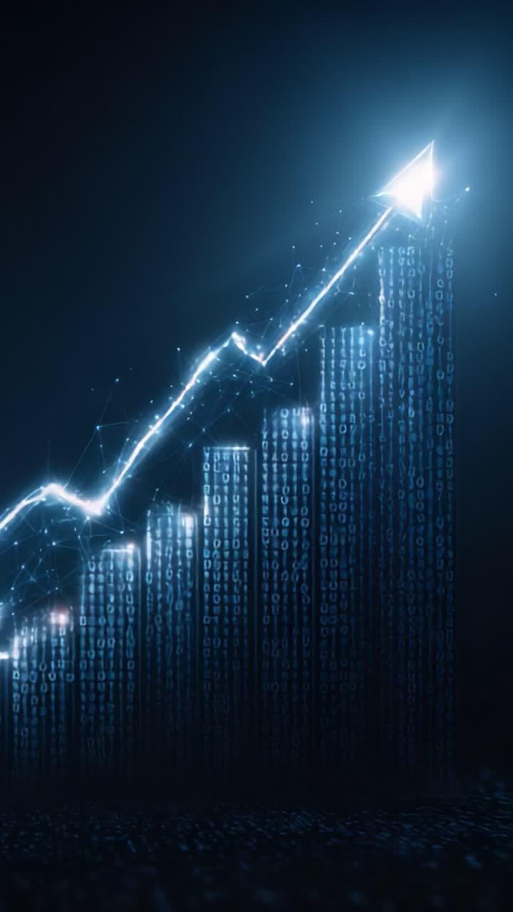 Visualizing Growth: A Dynamic Digital Chart Illustrating a Rising Trend with Binary Data Representations and a Prominent Upward Arrow