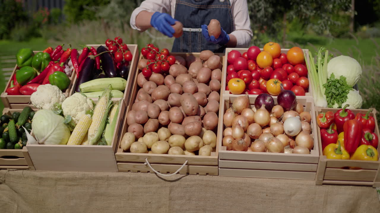 las manos con guantes del agricultor colocando verduras en el mostrador del mercado del agricultor