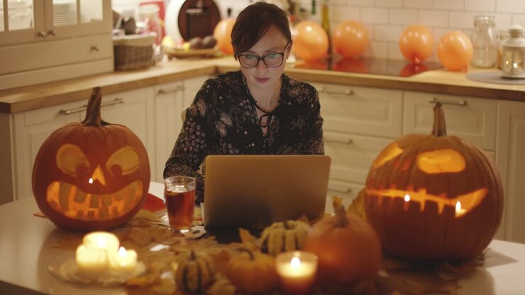 frau mit laptop inmitten von halloween-dekorationen