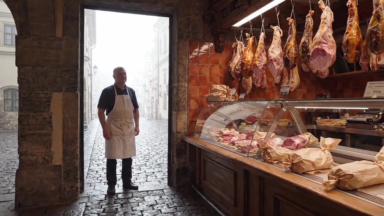 A Butcher Stands in a Rustic Shop Surrounded by Hanging Meats, Creating an Atmosphere of Tradition and Craftsmanship Amidst a Misty Street Scene