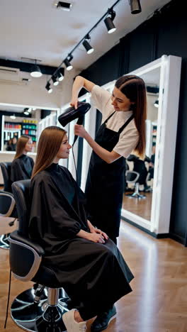 hairdresser blow-drying client's hair in a modern salon