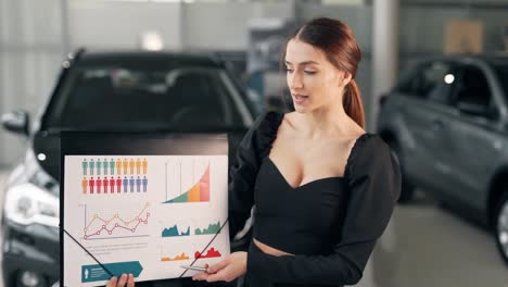 pretty girl in a business suit shows a diagram of infographics on a background of cars