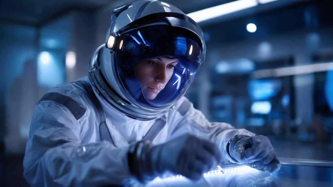 Un astronauta concentrato esamina meticolosamente tecnologia avanzata in un laboratorio spaziale futuristico, mostrando l'integrazione di scienza ed esplorazione nel cosmo.