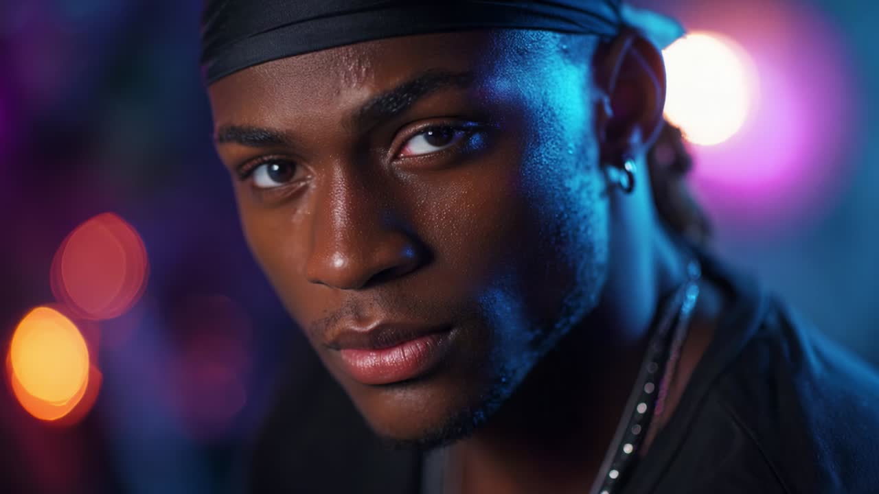 Portrait of a man with a headband and jewelry