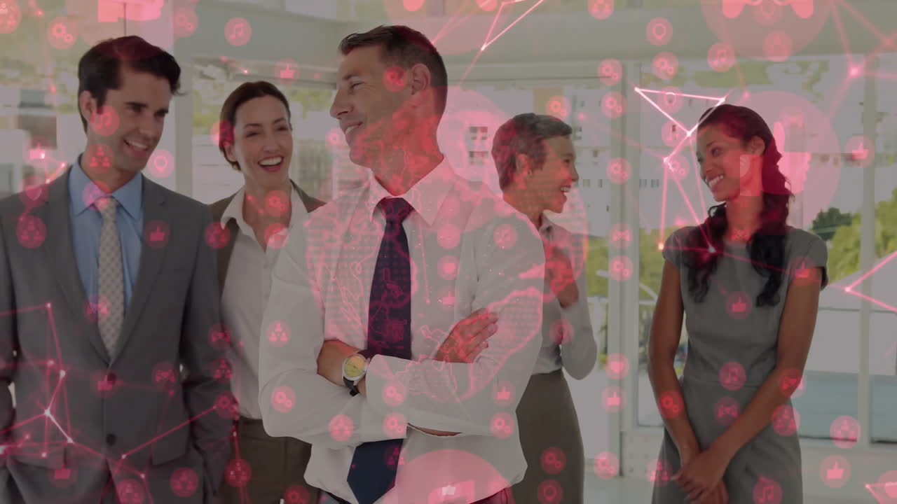 Business professionals standing in office, showcasing digital network nodes and world map overlay