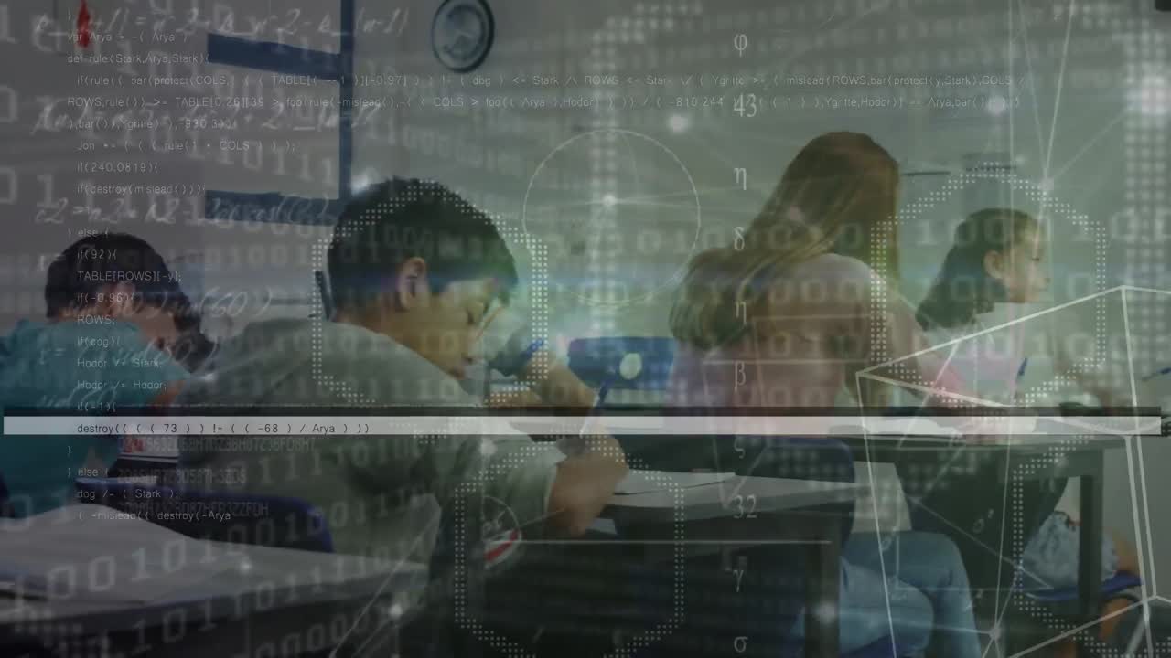 기하학적 모양의 애니메이션과 다인종 학생들이 시험을 쓰는 동안 이 코드를 루프하는 것