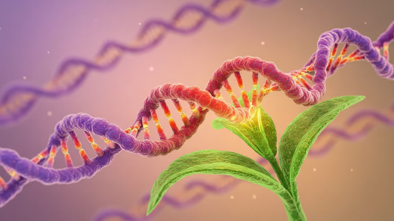 Exploring the Intersection of Genetics and Botany: A Detailed Visualization of DNA Helix and Plant Life, Illustrating the Fundamental Role of Genetics in Plant Growth and Development