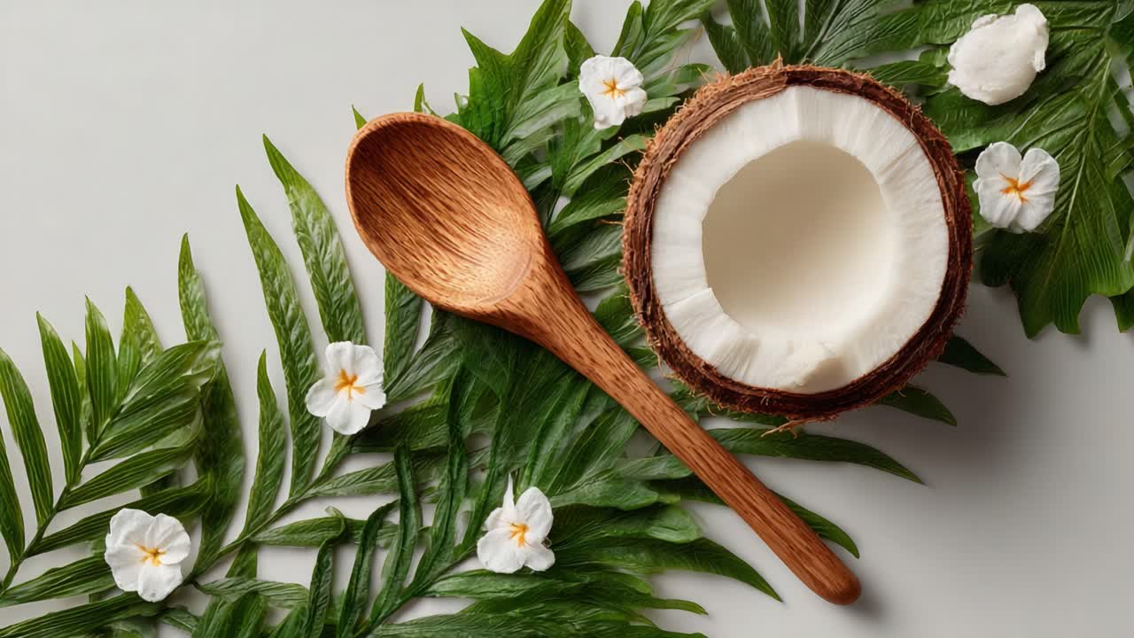 Aesthetic Arrangement of Fresh Coconut with Spoon Surrounded by Green Leaves and Delicate White Flowers, Ideal for Culinary Presentation and Tropical Decor