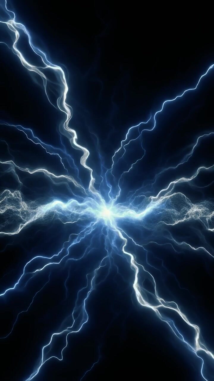Fulmini blu astratti che si irradiano da una sorgente luminosa centrale