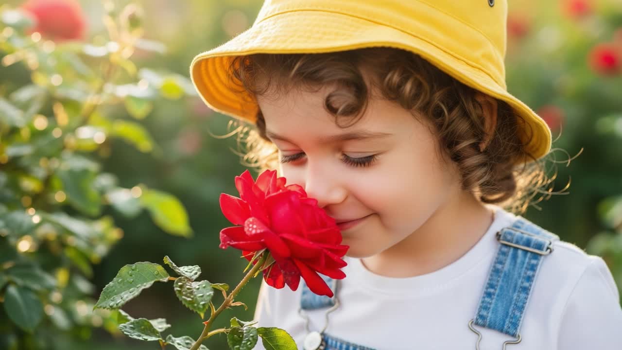 A Joyful Day in the Garden: A Young Child Enjoys the Beauty of Nature While Smelling a Vibrant Red Rose Surrounded by Blossoming Flowers on a Warm Sunny Afternoon