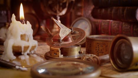 vintage style travel and adventure. vintage old compass and other vintage items on the table.