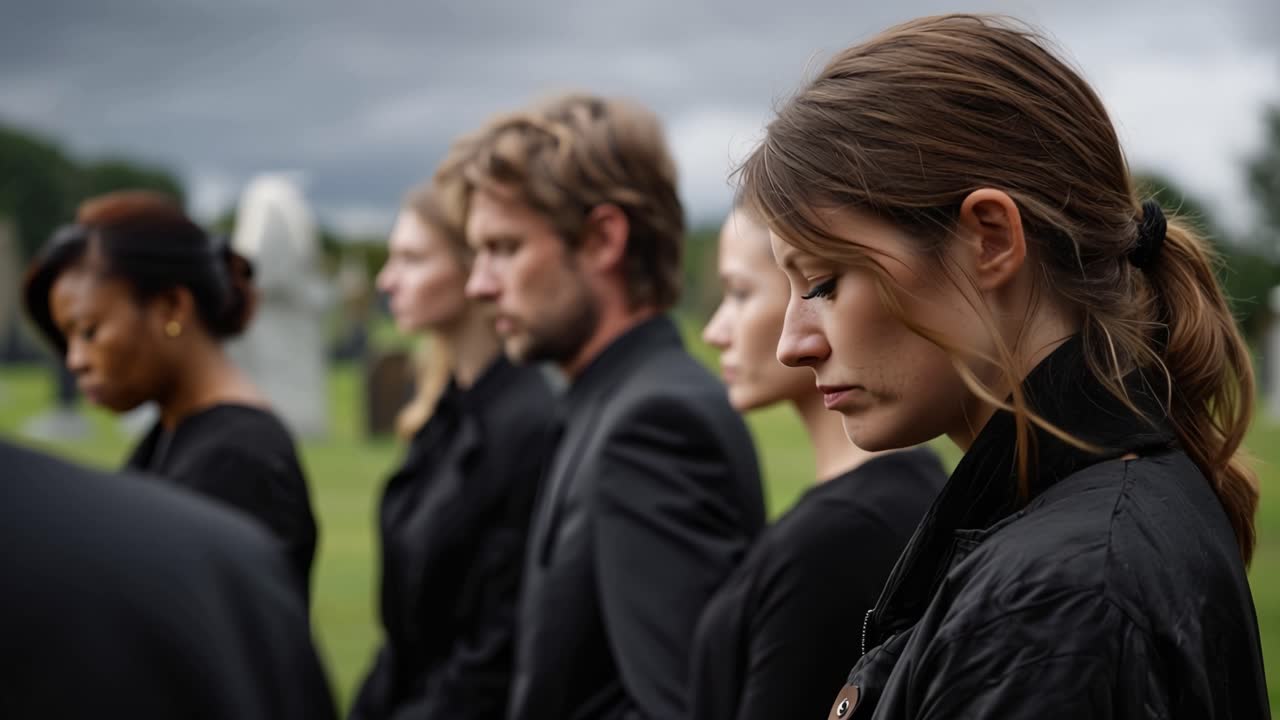 Gruppe står andægtigt på en kirkegård. De bærer sort, med bøjede hoveder og nedadvendte ansigter. Sorg fylder luften, tung og stille. Perfekt til indhold med temaer om begravelse eller sorg.