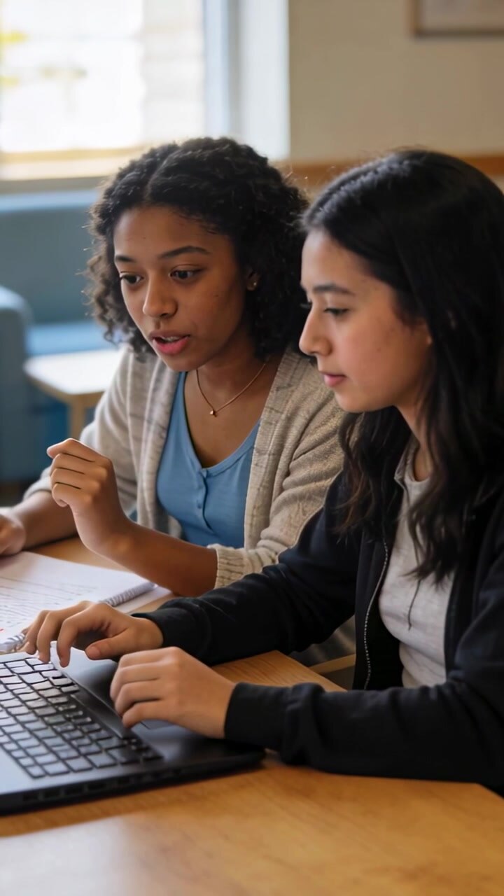 Vertical video: Pointing left student guiding right student typing at table, laptop for homework