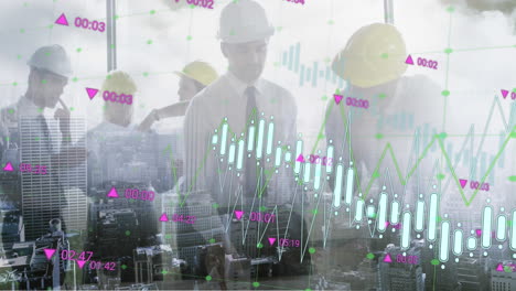animación del procesamiento de datos financieros en diversos empresarios y paisajes urbanos