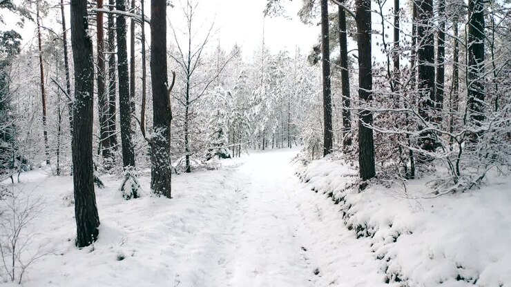 Passeggiata lungo una strada innevata invernale nel bosco tra gli alberi, di giorno, con tempo gelido.