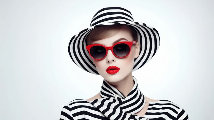 Concept di moda chic con un tocco retrò. L'angolo ravvicinato mette in risalto le audaci strisce e gli occhiali da sole rossi.